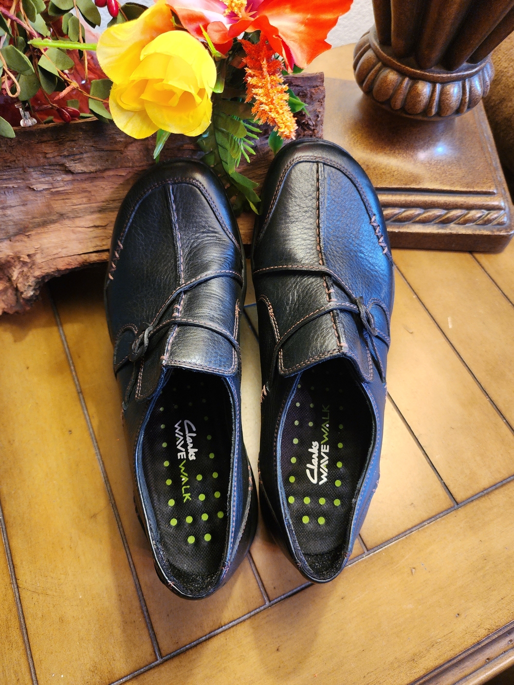 Clarks Wave Walk Wave.Run Black Leather Slip On Comfort Loafers Shoes 8.5 M